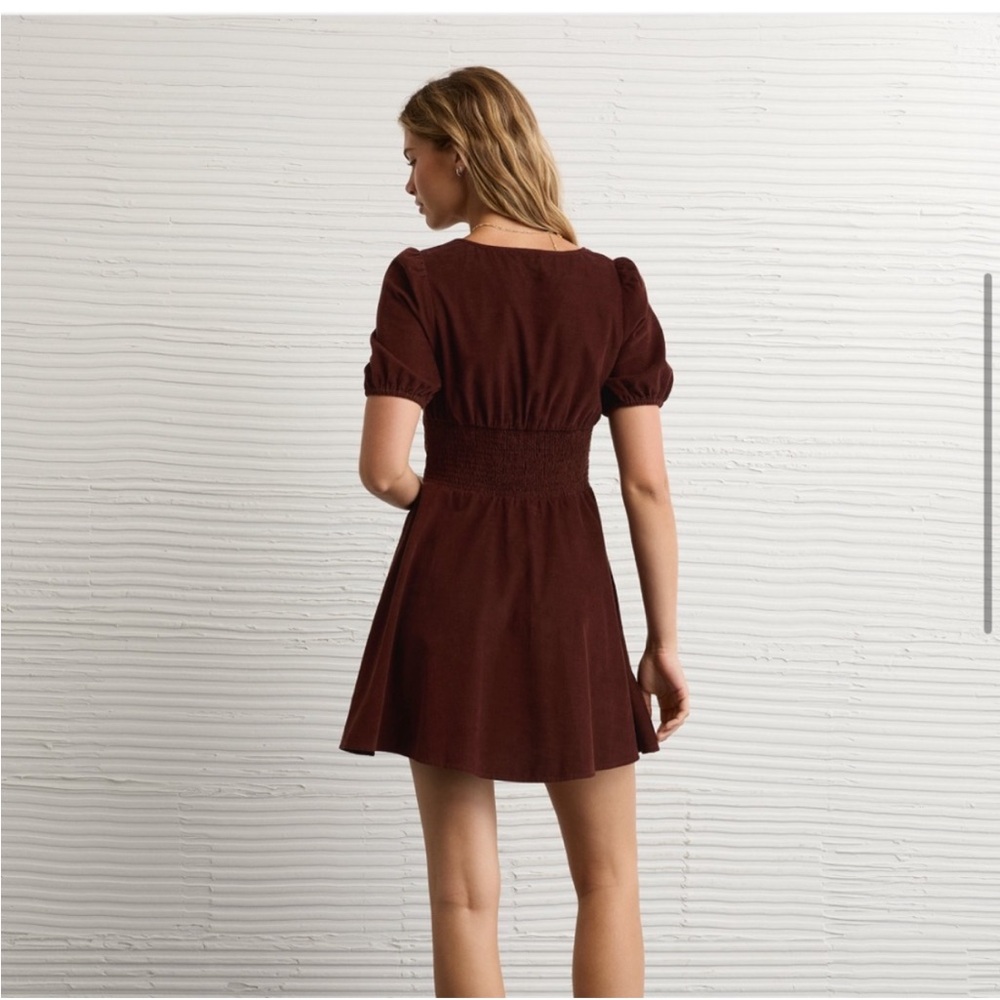 NWT American Eagle Brown Corduroy V-Neck Basque Waist Mini Dress *flaw - Picture 3 of 12